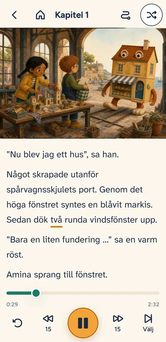 Ett kapitel i appen: en målad bild överst och texten under, med ett streck under ordet som läses just nu.
