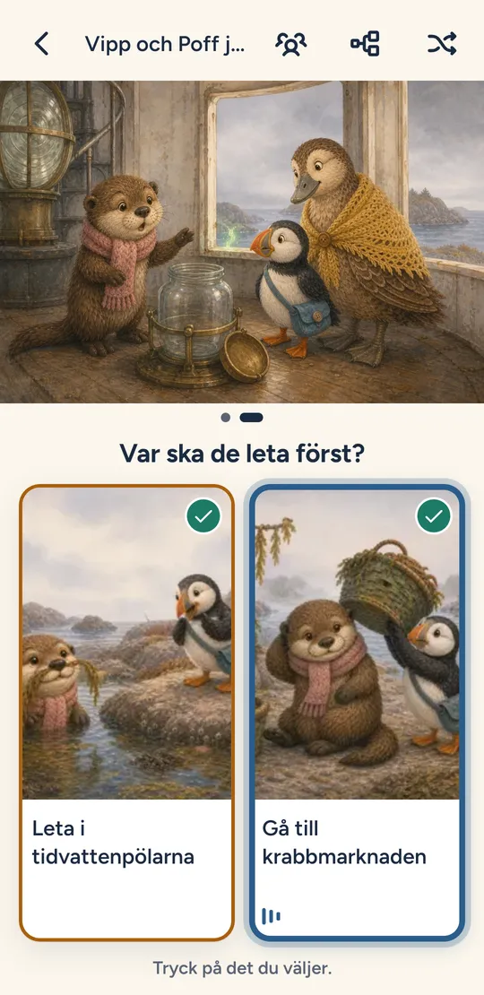 Valet efter kapitlet: frågan Var ska de leta först? och två bilder att välja mellan, Leta i tidvattenpölarna eller Gå till krabbmarknaden.