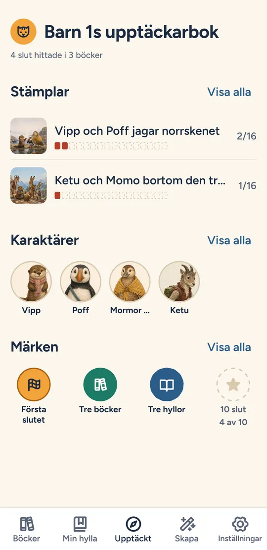 Upptäckarboken i appen: stämplar för två böcker med hittade slut, fyra karaktärer och märkena Första slutet, Tre böcker och Tre hyllor.
